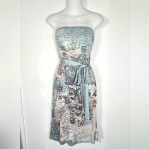 Teal Blue Floral Dragon Strapless Boho Dress